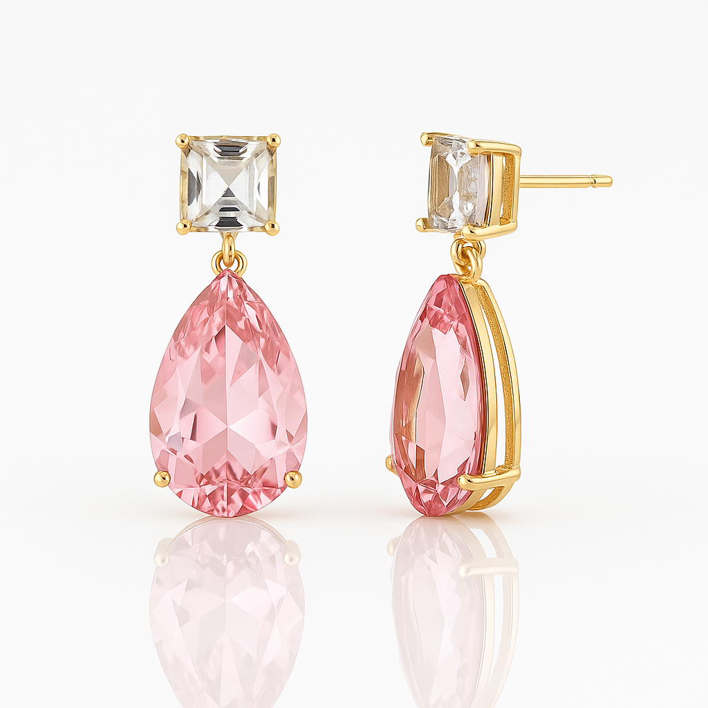 Pink Teardrop Crystal Earrings with Gold Accents