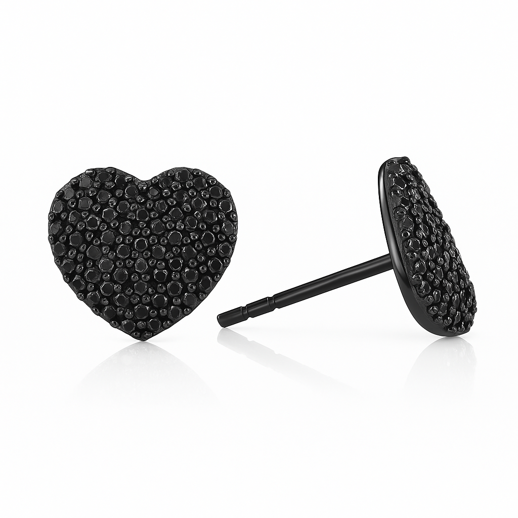 Black Heart Stud Earrings with Textured Design