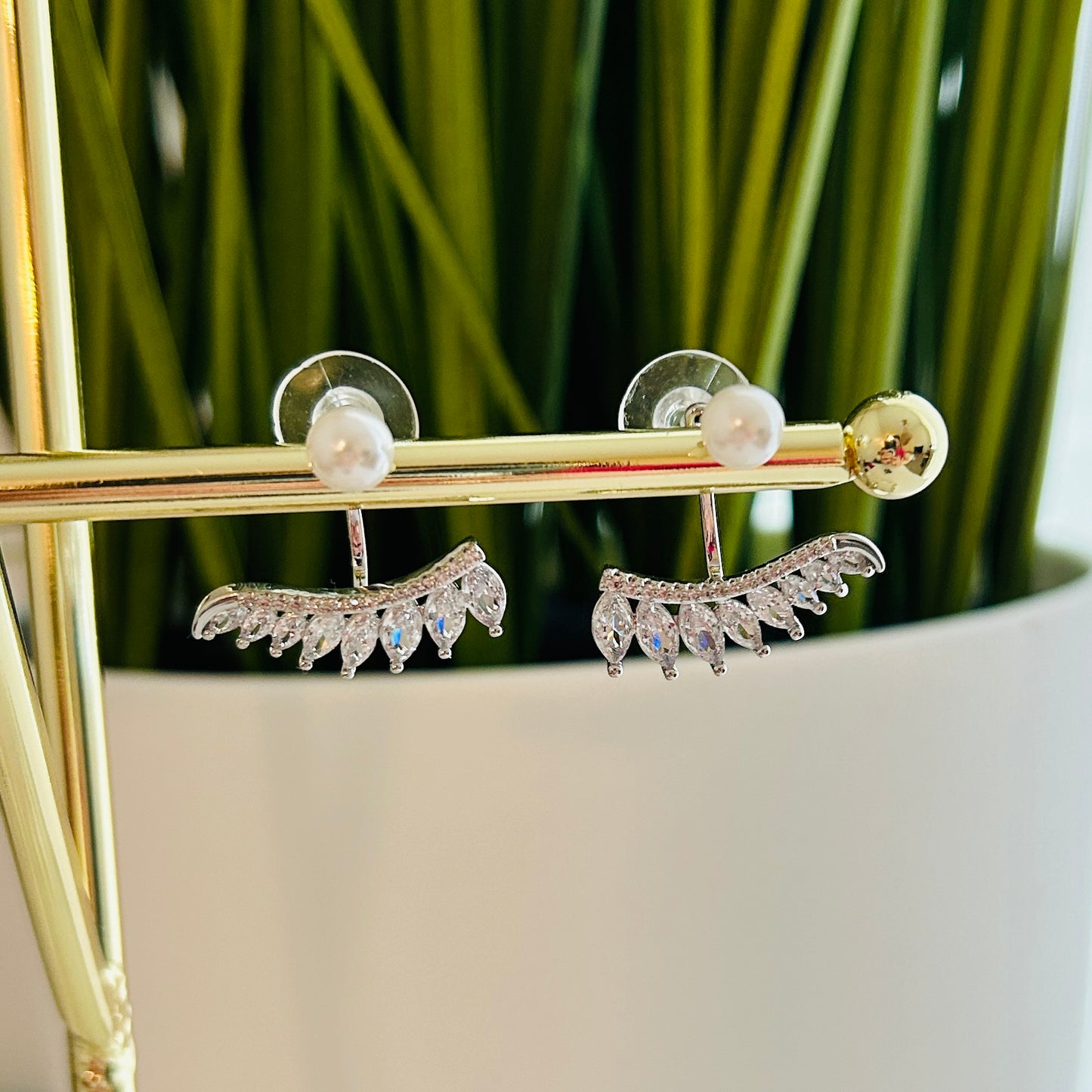 Exquisite Cubic Zirconia Wing Earrings with Pearl Studs – Silver Plated