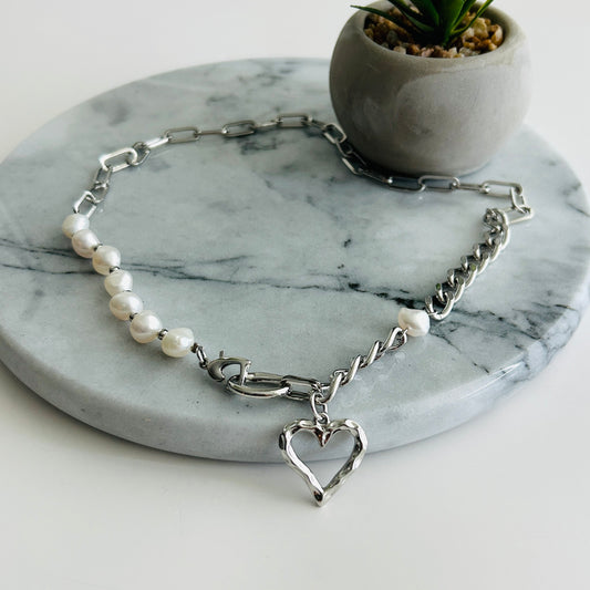 Stainless Steel Heart Charm Necklace with Pearls