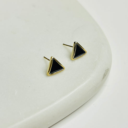 Black Enamel Triangle Stud Earrings with Gold-Plated Finish