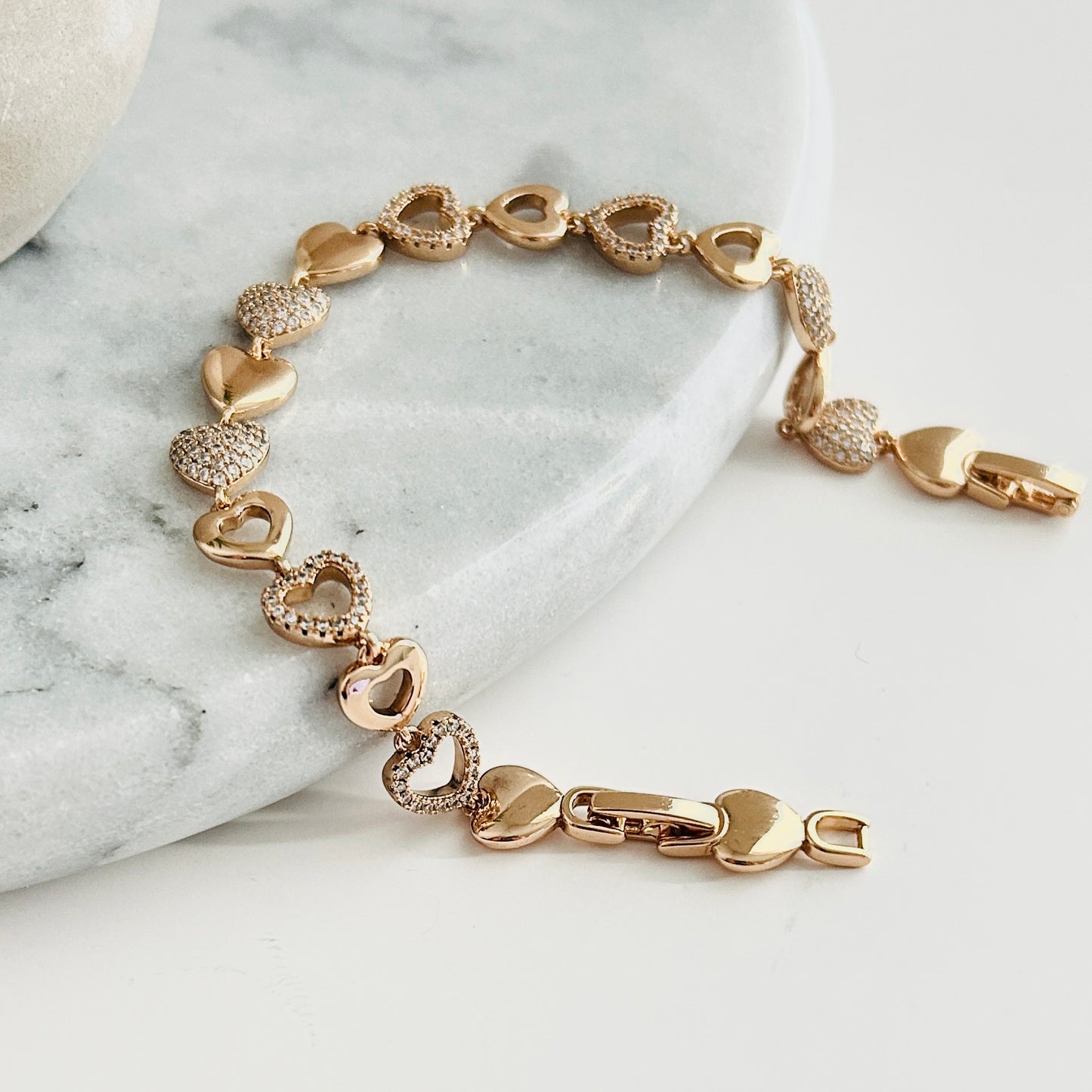 Rose Gold Heart Link Bracelet with Pavé Accents