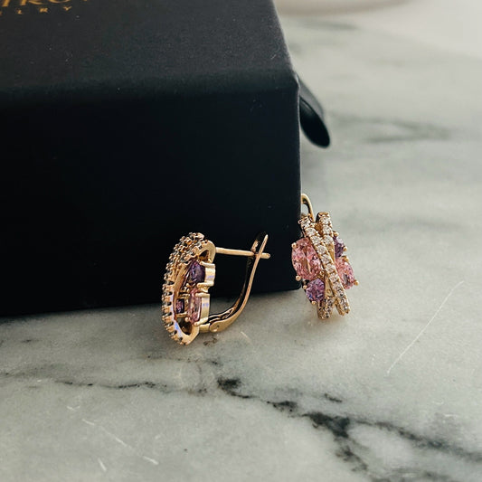 Gold-Plated Earrings with Pink and Purple Cubic Zirconia – Hypoallergenic & Elegant Jewelry for Women