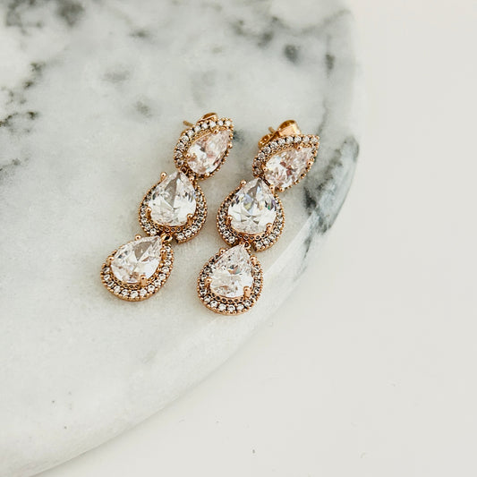 18K Rose Gold Drop Earrings with Cubic Zirconia Teardrops