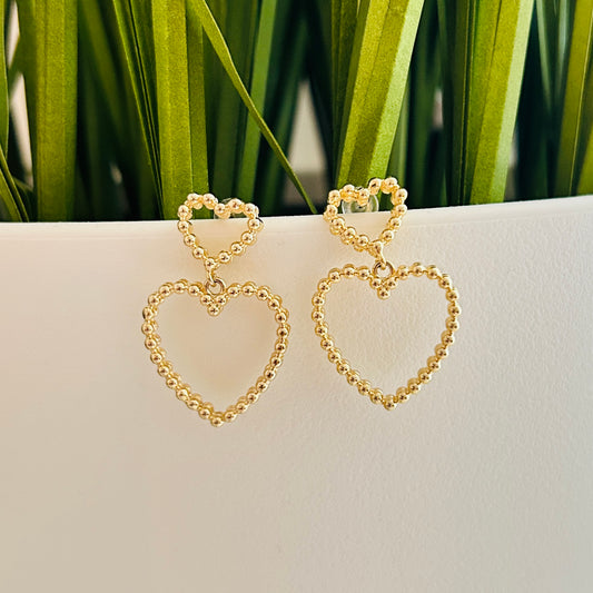 Trendy Gold Beaded Heart Drop Earrings - Lightweight and Stylish