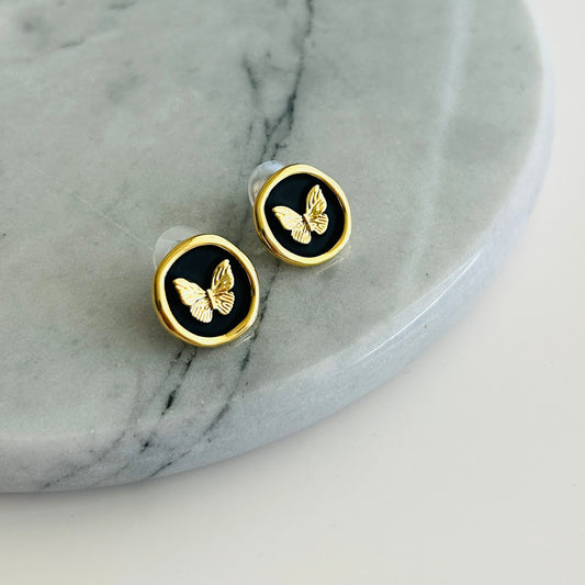 Butterfly Stud Earrings with Black Enamel