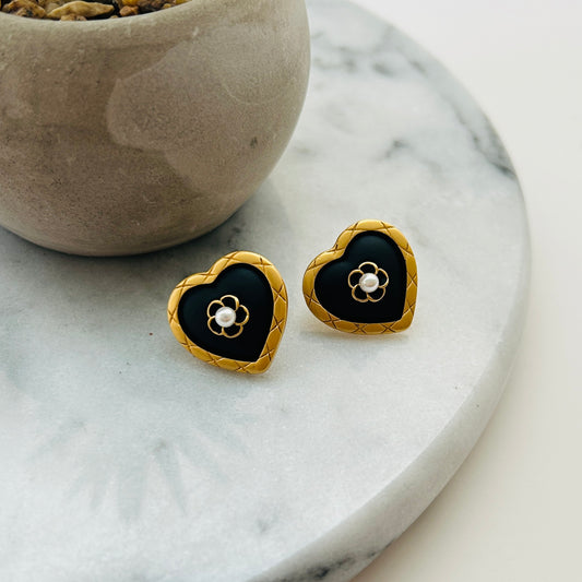 14K Gold-Plated Heart Stud Earrings with Black Enamel & Crystal Accent