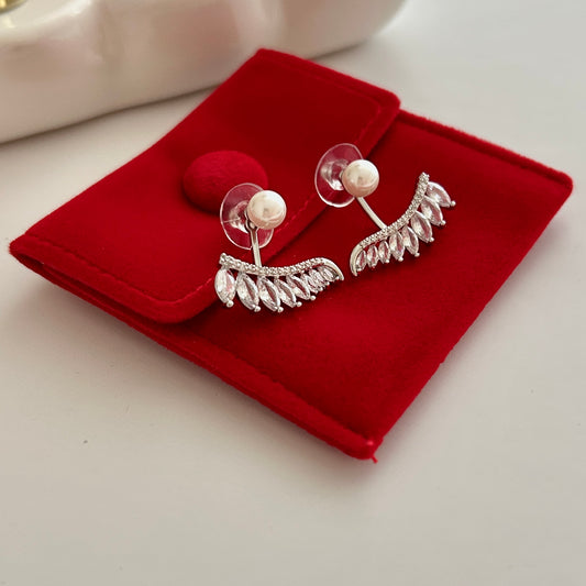 Exquisite Cubic Zirconia Wing Earrings with Pearl Studs – Silver Plated