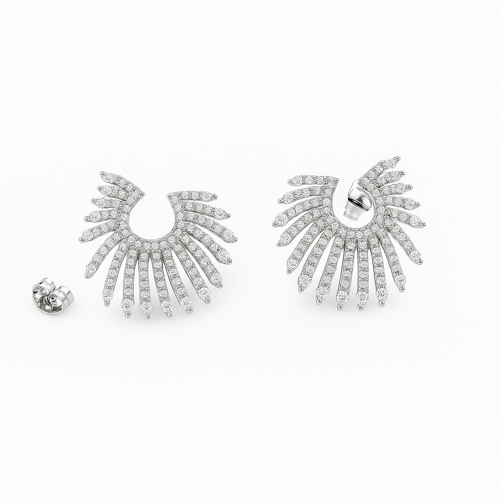 Sterling Silver Sunburst Earrings with Sparkling Cubic Zirconia – Elegant Studs for Any Occasion