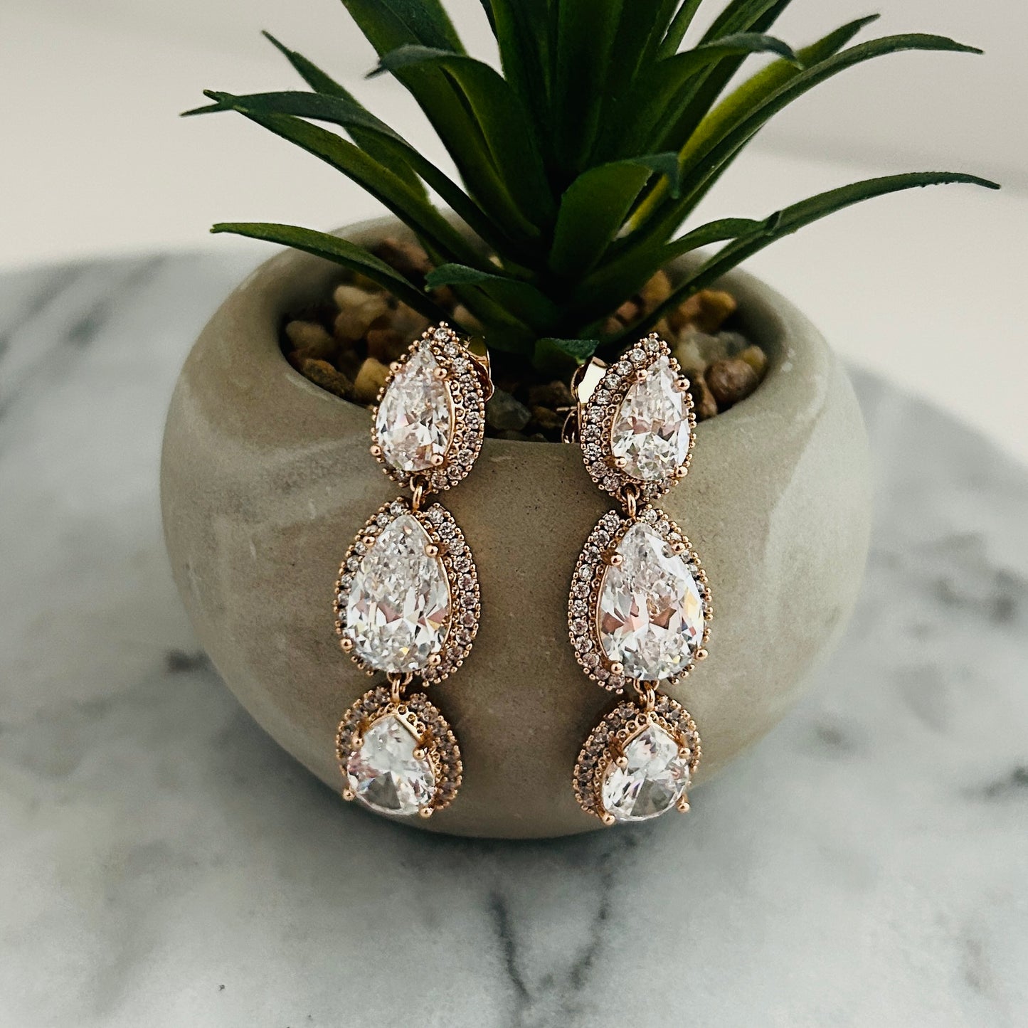 18K Rose Gold Drop Earrings with Cubic Zirconia Teardrops