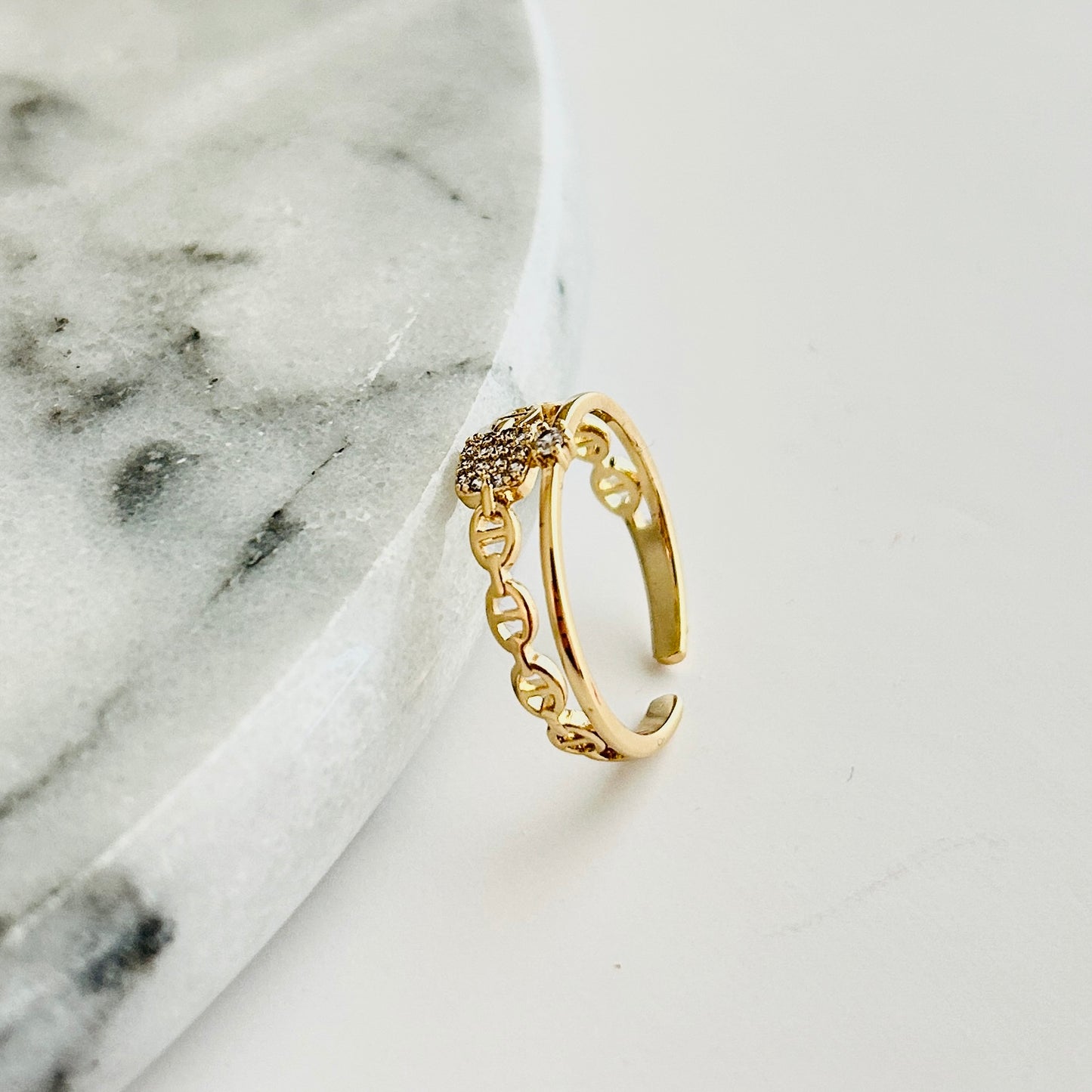 Gold-Plated Adjustable Chain Ring with Cubic Zirconia Accent