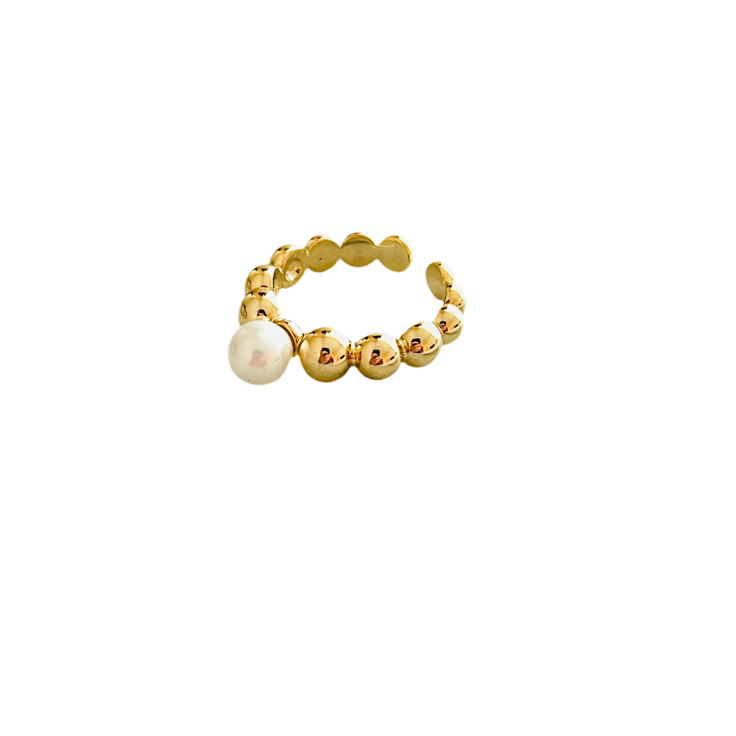 Gold Beaded Adjustable Ring with Freshwater Pearl – Gold-Plated