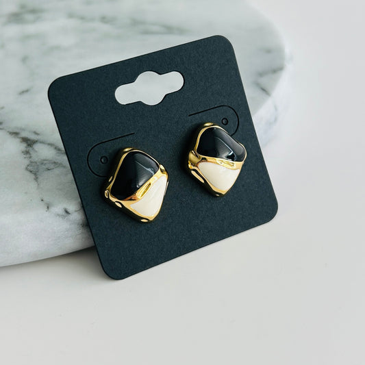 Bold Gold-Plated Geometric Stud Earrings with Black and White Enamel Accents