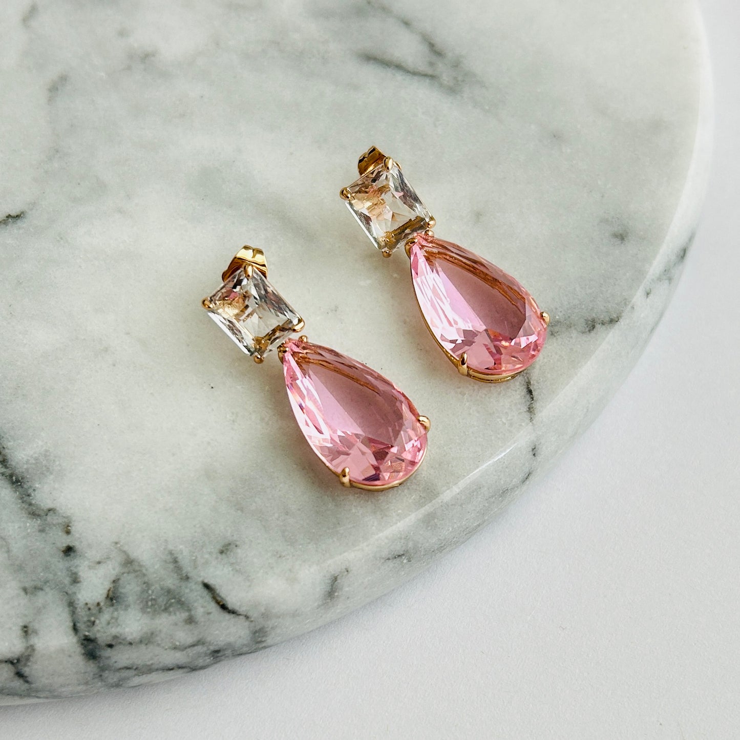 Pink Teardrop Crystal Earrings with Gold Accents