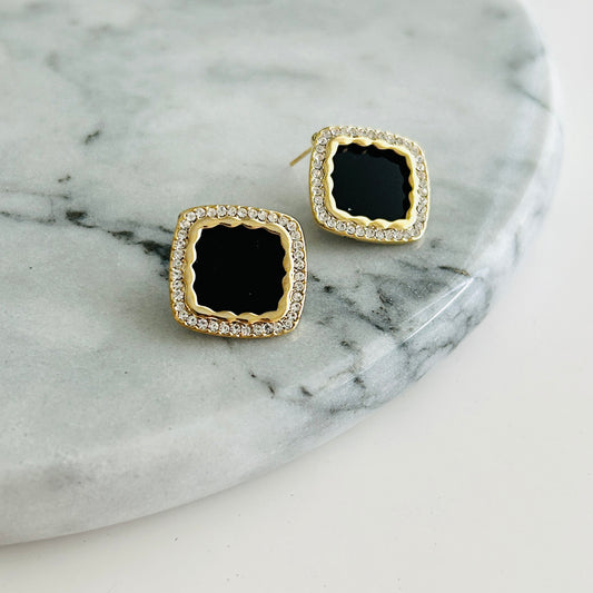 Gold-Plated Black Enamel Square Stud Earrings with Crystal Border