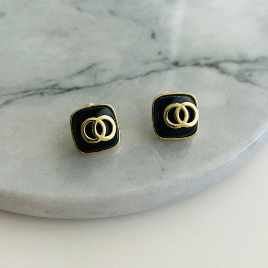 Elegant Black & Gold Square Stud Earrings with Double Circle Accent