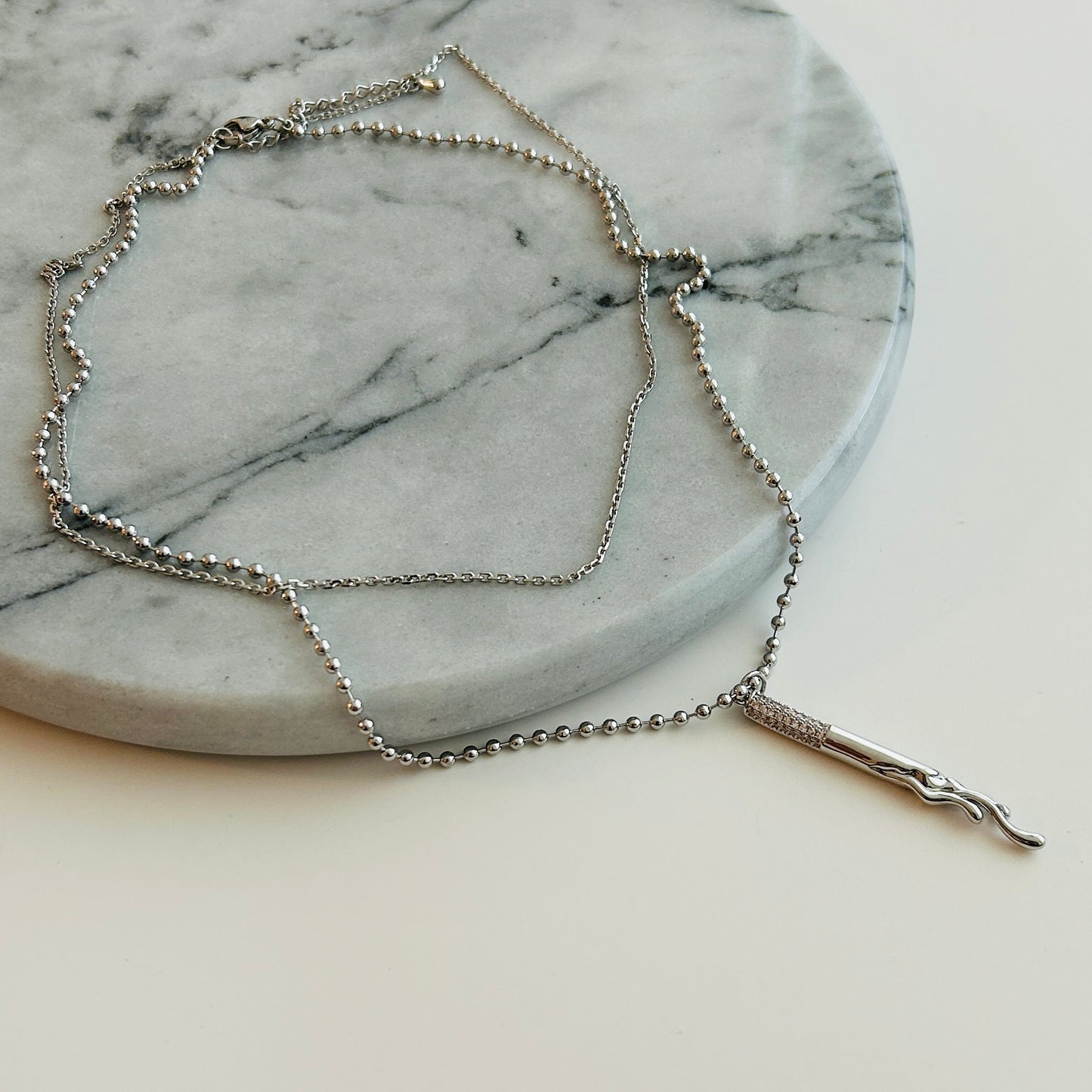 Sterling Silver Beaded Chain Necklace with Twisted Pendant