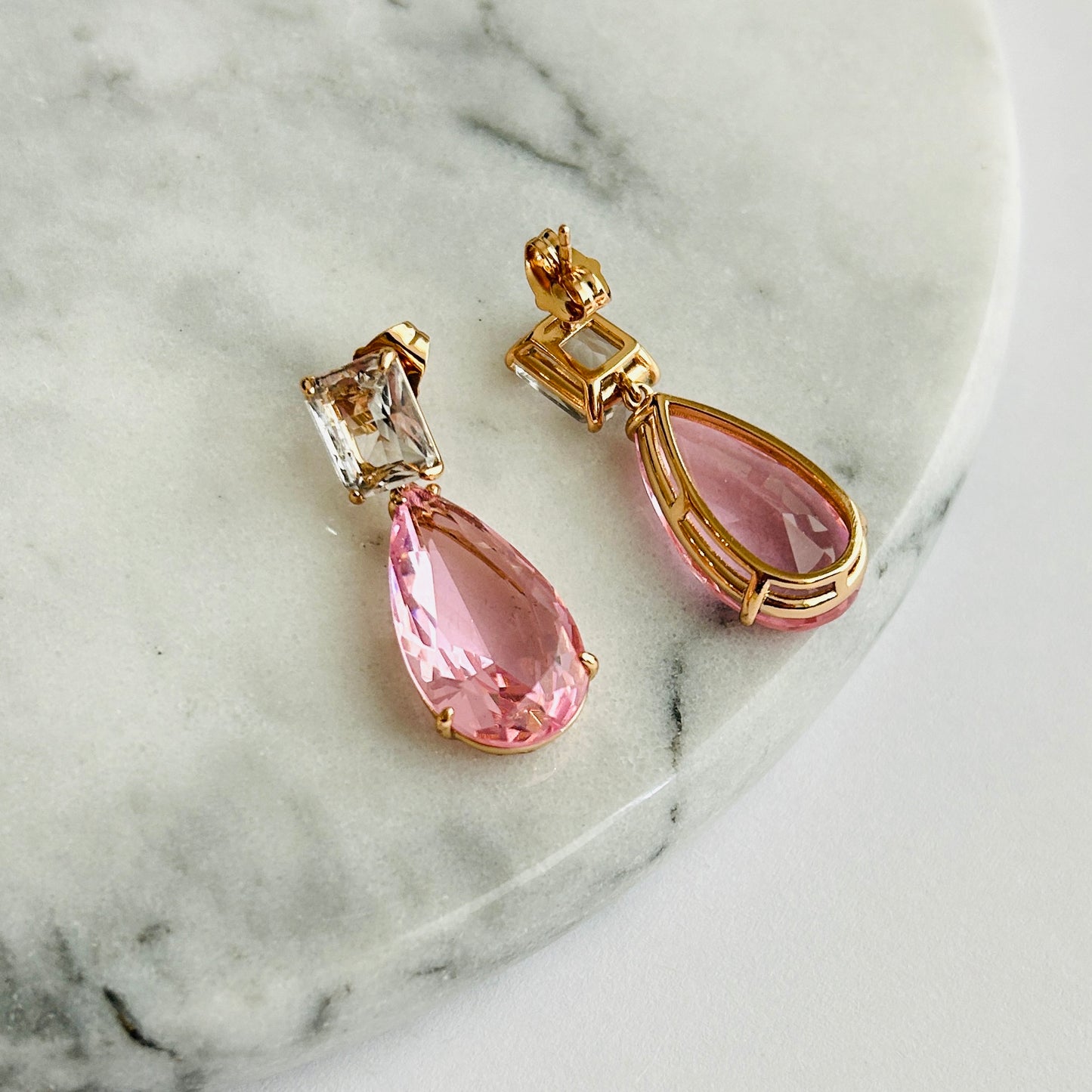 Pink Teardrop Crystal Earrings with Gold Accents