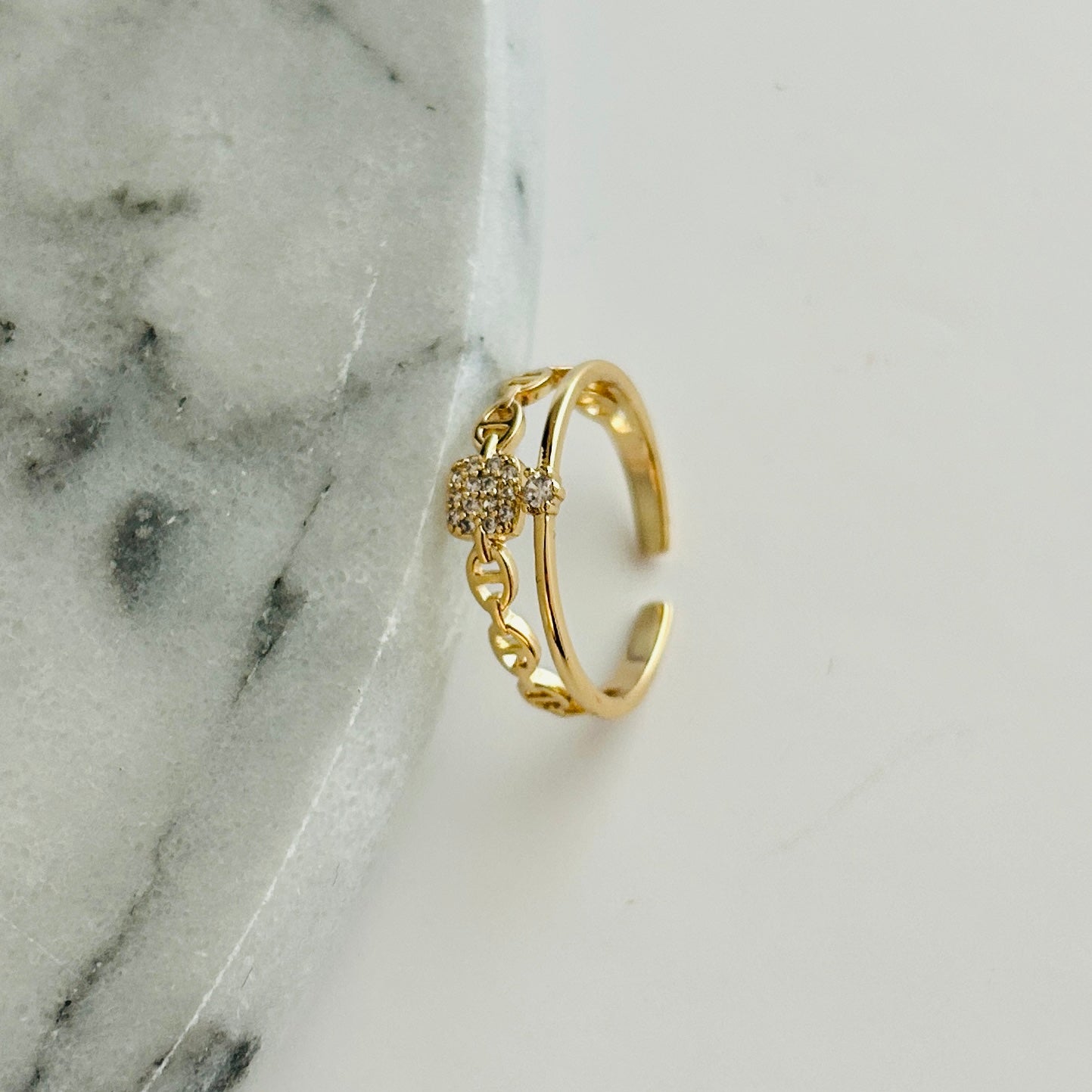 Gold-Plated Adjustable Chain Ring with Cubic Zirconia Accent