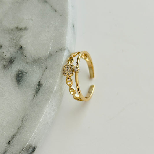 Gold-Plated Adjustable Chain Ring with Cubic Zirconia Accent