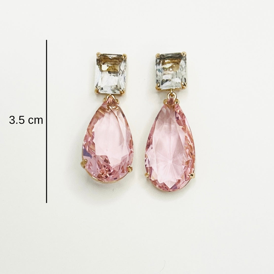 Pink Teardrop Crystal Earrings with Gold Accents