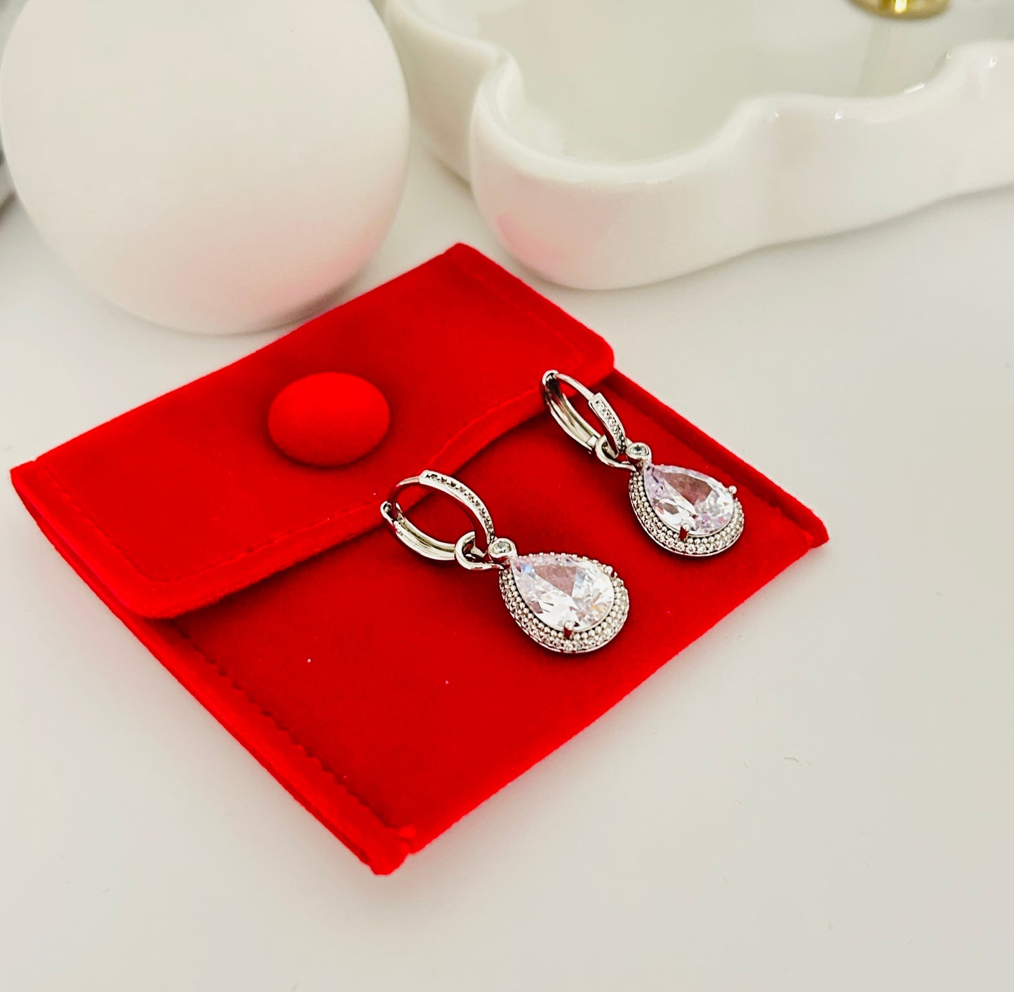 Elegant Teardrop Dangle Earrings with Sparkling Zirconia Crystals - Eco-Friendly Rhodium-Plated Copper