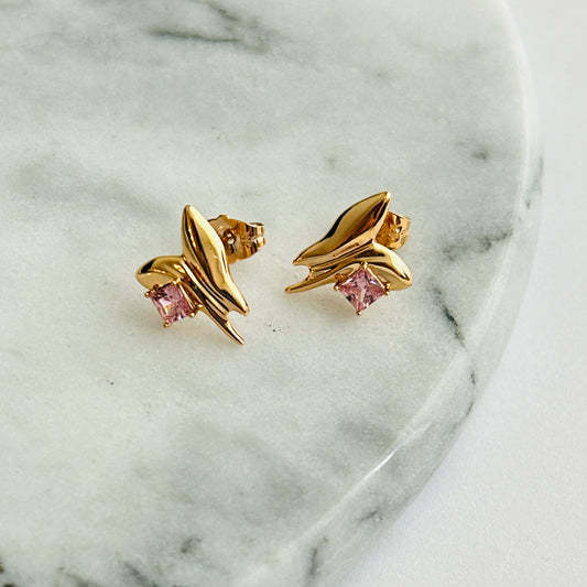 Butterfly Crystal Stud Earrings - 18K Gold Plated with Pink Stones