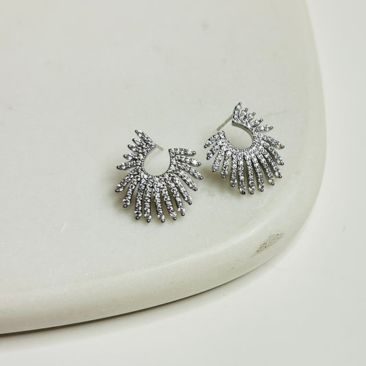 Sterling Silver Sunburst Earrings with Sparkling Cubic Zirconia – Elegant Studs for Any Occasion