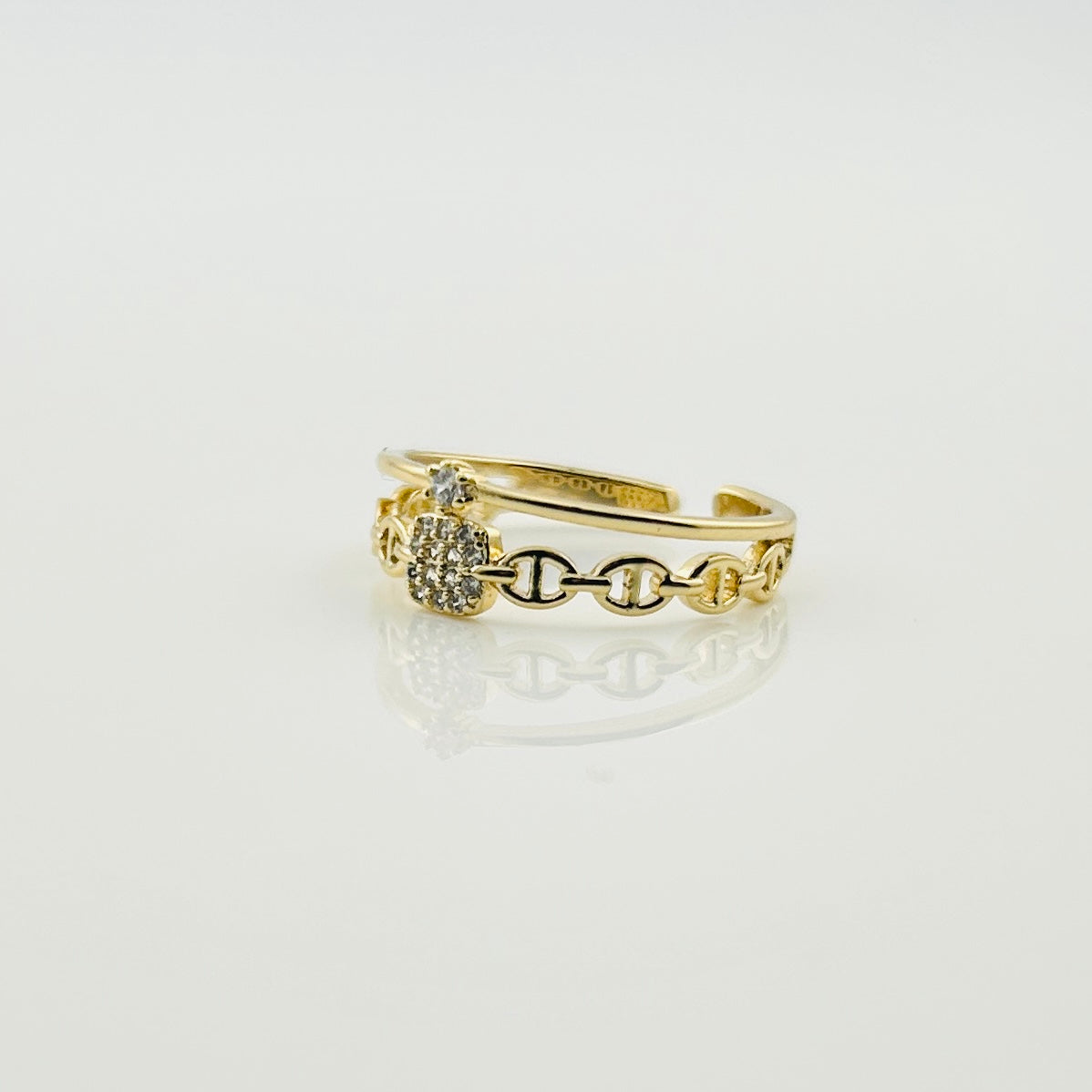 Gold-Plated Adjustable Chain Ring with Cubic Zirconia Accent