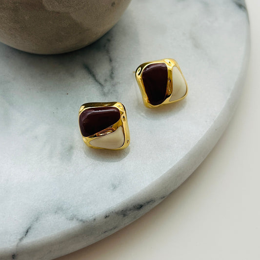 Gold-Plated Geometric Stud Earrings with Brown and Cream Enamel Accents