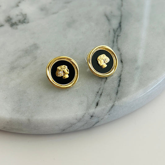 Ancient Coin-Inspired Stud Earrings with Black Enamel