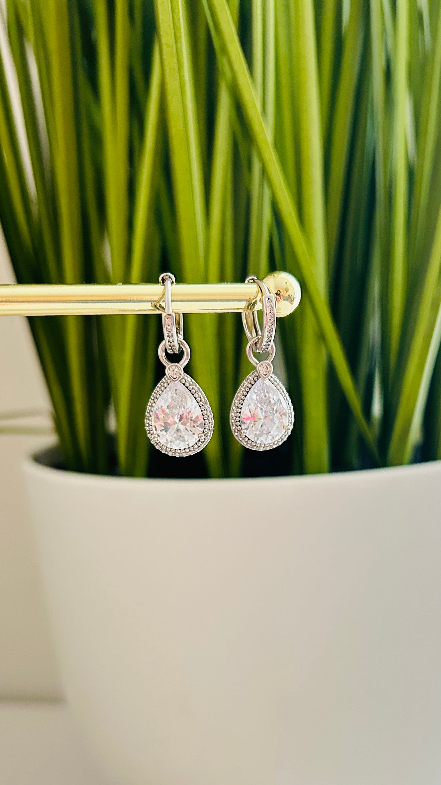 Elegant Teardrop Dangle Earrings with Sparkling Zirconia Crystals - Eco-Friendly Rhodium-Plated Copper