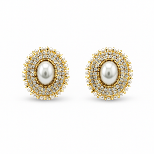 Vintage Clip-On Earrings with Pearl & Crystals – Gold-Plated