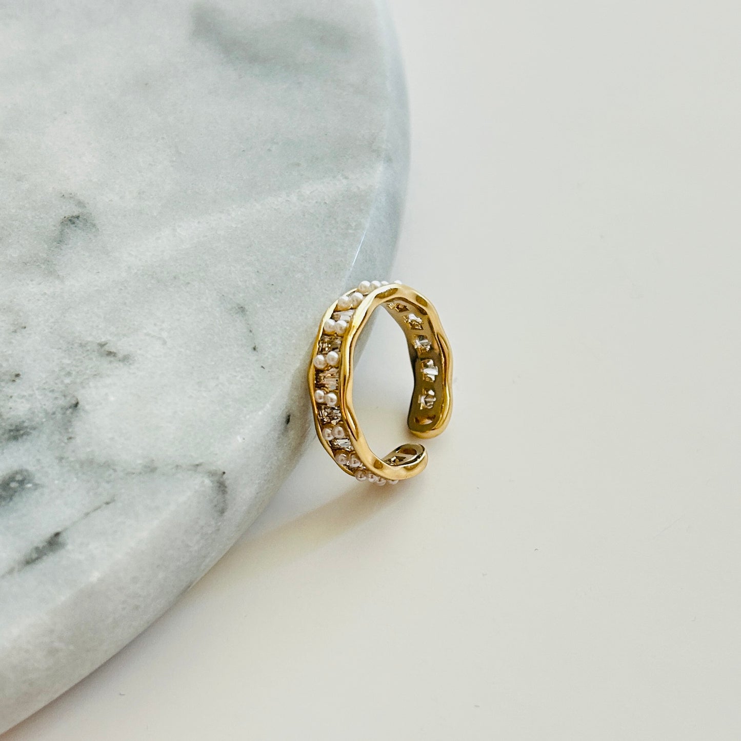 Gold-Plated Adjustable Ring with Crystals and Pearls