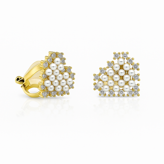Heart Clip-On Earrings – 14K Gold Plated, Synthetic Pearls, CZ