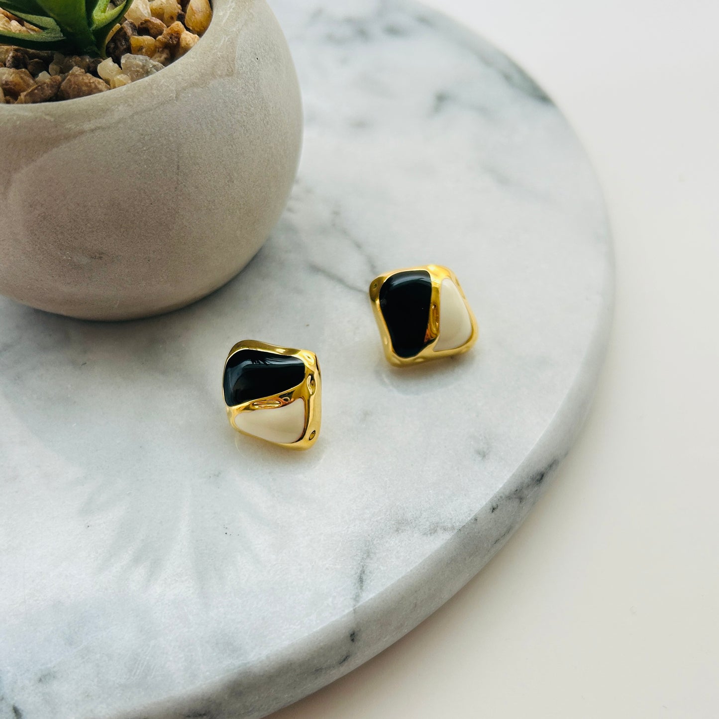 Gold-Plated Geometric Stud Earrings with Brown and Cream Enamel Accents