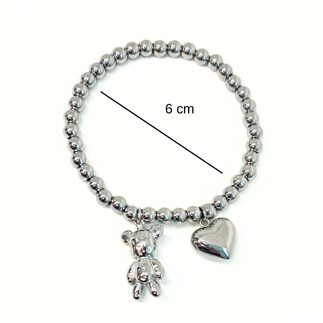 Stainless Steel Bead Bracelet with Teddy Bear Charm