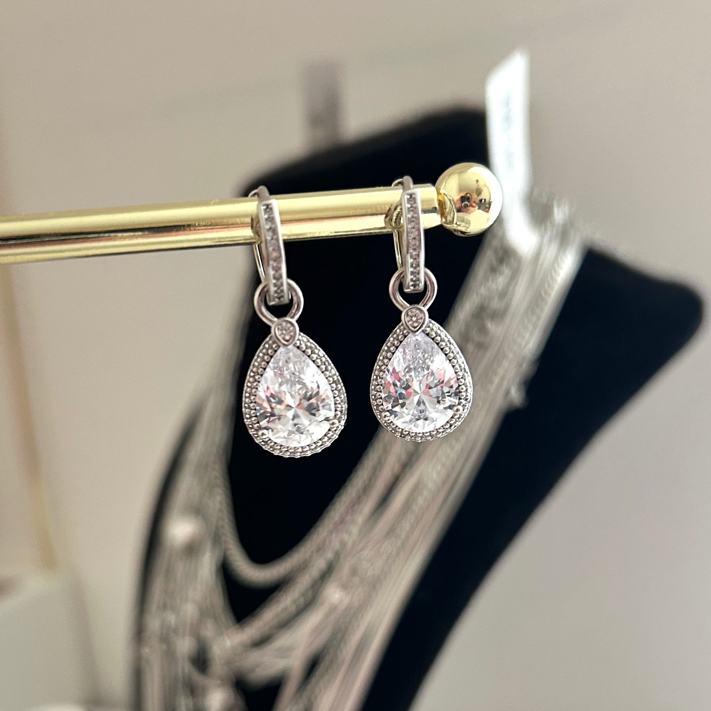 Elegant Teardrop Dangle Earrings with Sparkling Zirconia Crystals - Eco-Friendly Rhodium-Plated Copper