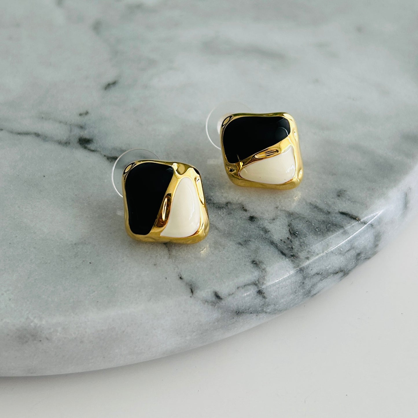 Bold Gold-Plated Geometric Stud Earrings with Black and White Enamel Accents