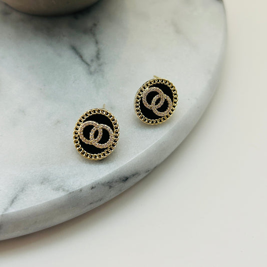 Black and Gold Stud Earrings with Sparkling Crystals