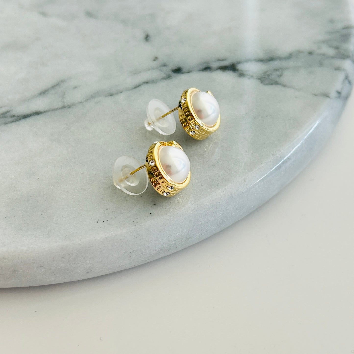 Gold-Plated Pearl Stud Earrings with Rhinestone Accents