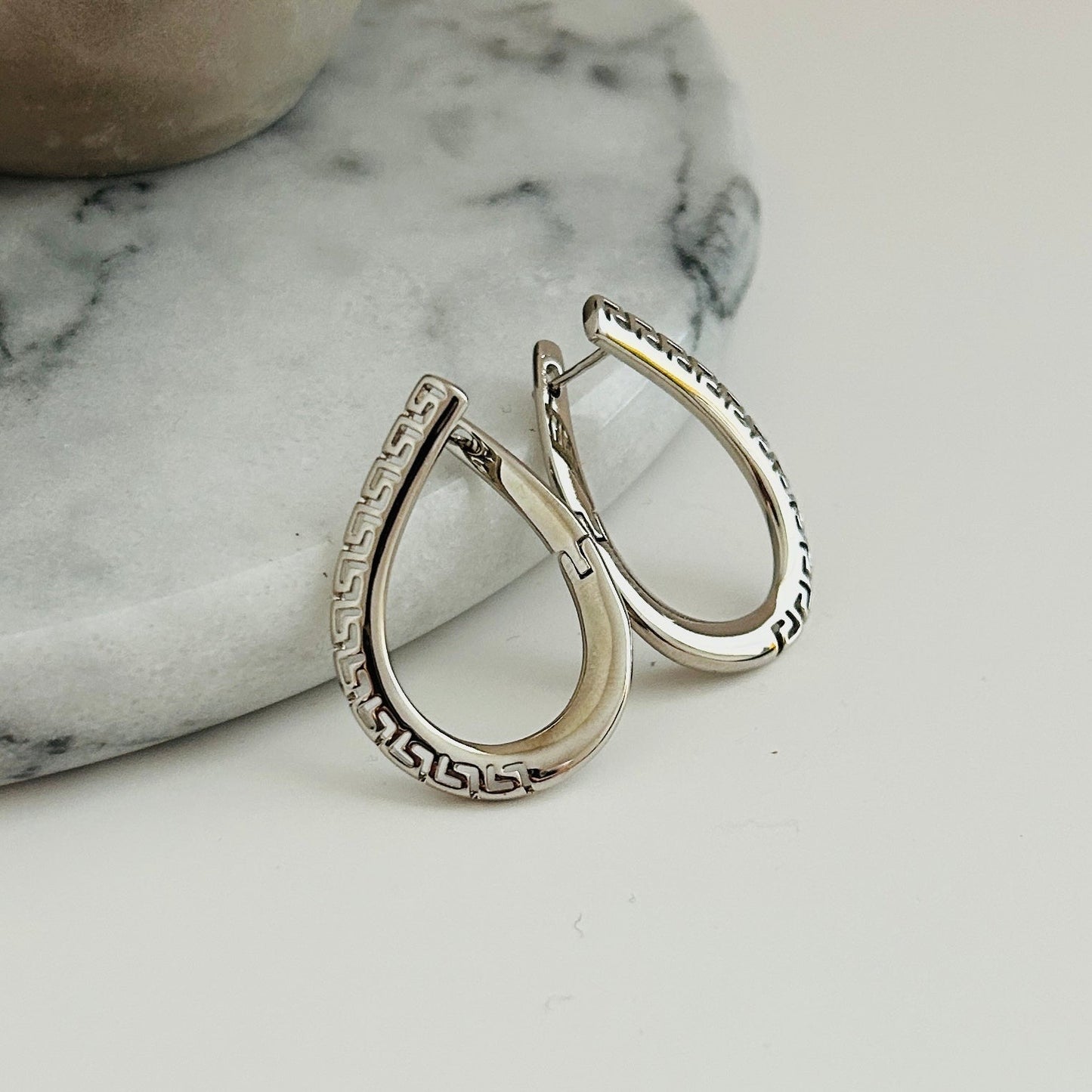 Rose Gold Greek Key Hoop Earrings – Modern Elegance