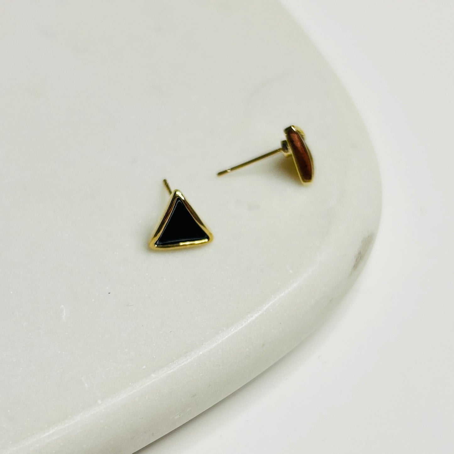 Black Enamel Triangle Stud Earrings with Gold-Plated Finish