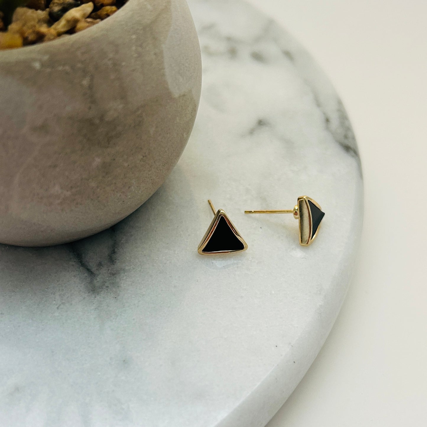 Black Enamel Triangle Stud Earrings with Gold-Plated Finish