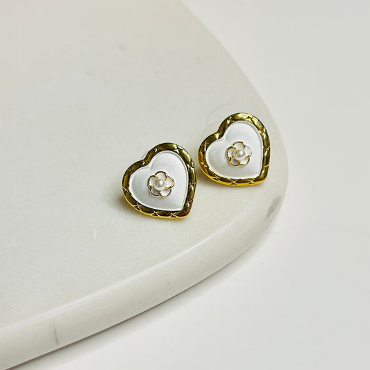 White Enamel Heart Stud Earrings with 14K Gold-Plated Sterling Silver