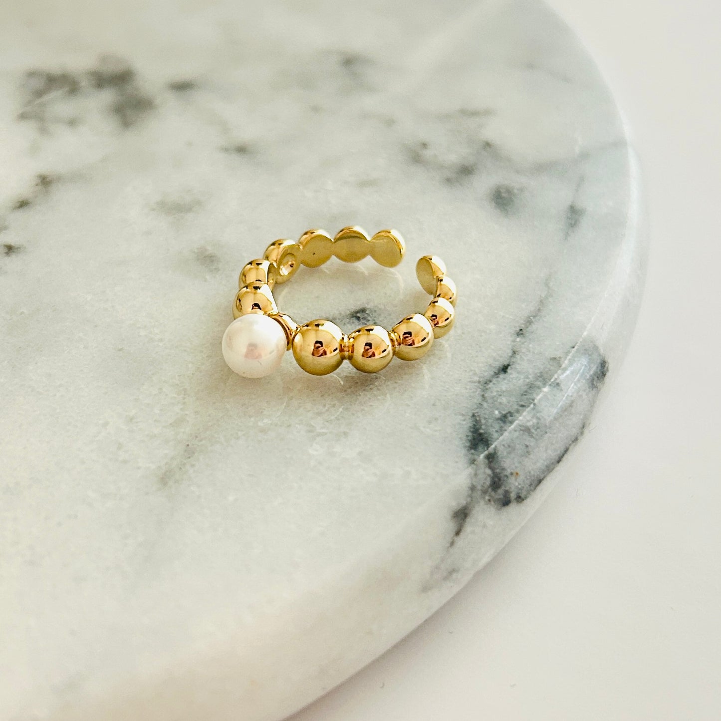 Gold Beaded Adjustable Ring with Freshwater Pearl – Gold-Plated