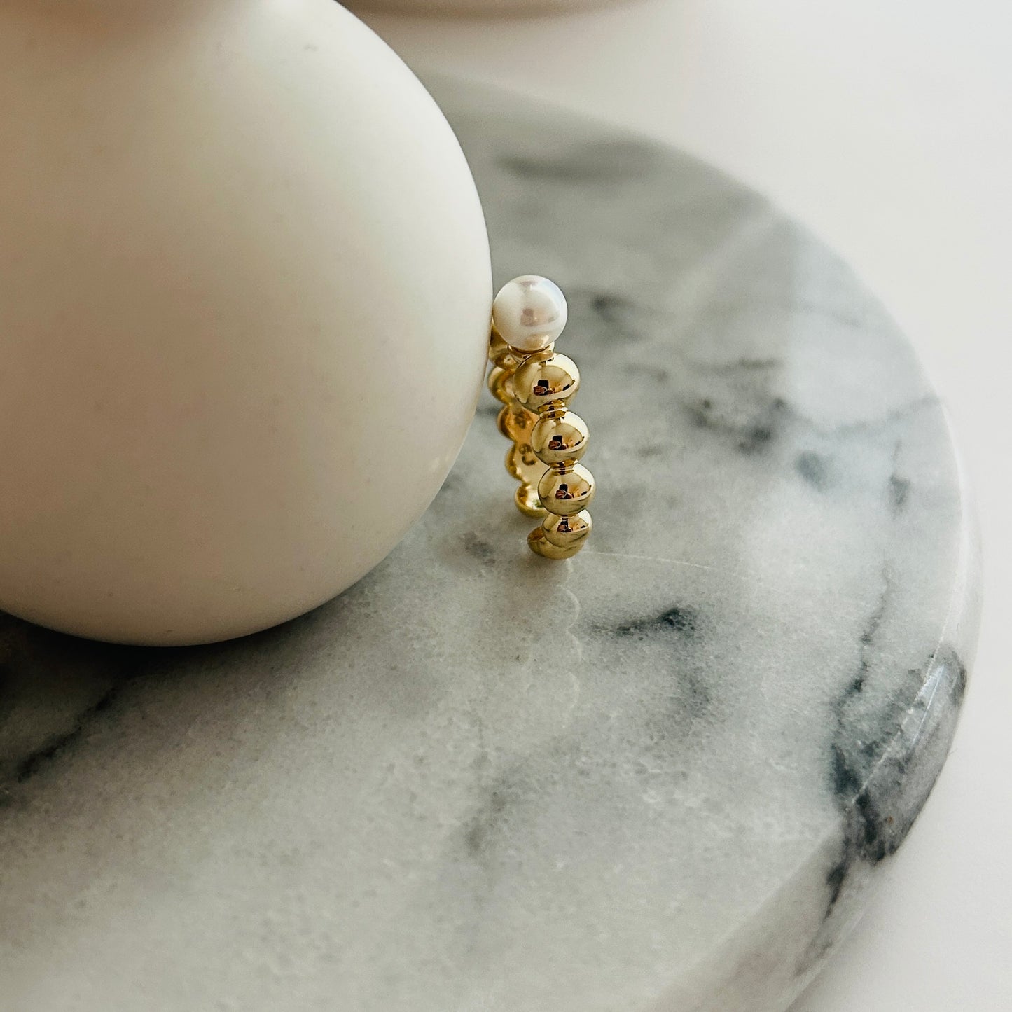 Gold Beaded Adjustable Ring with Freshwater Pearl – Gold-Plated