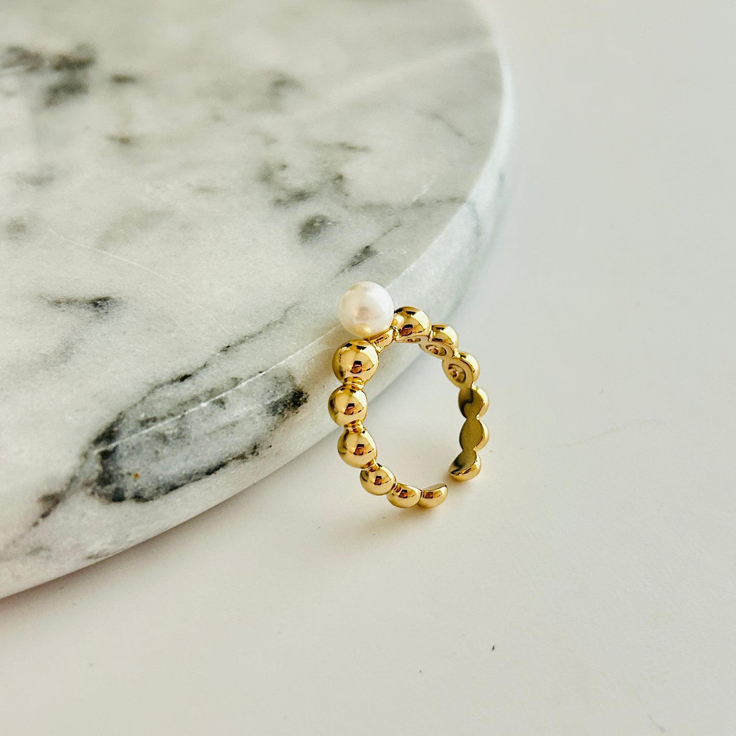 Gold Beaded Adjustable Ring with Freshwater Pearl – Gold-Plated