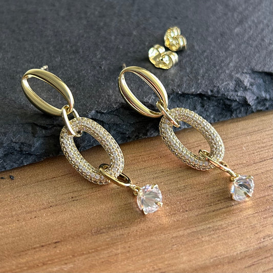 Gold-Plated Drop Earrings with Pavé Ovals and Zircon Charm