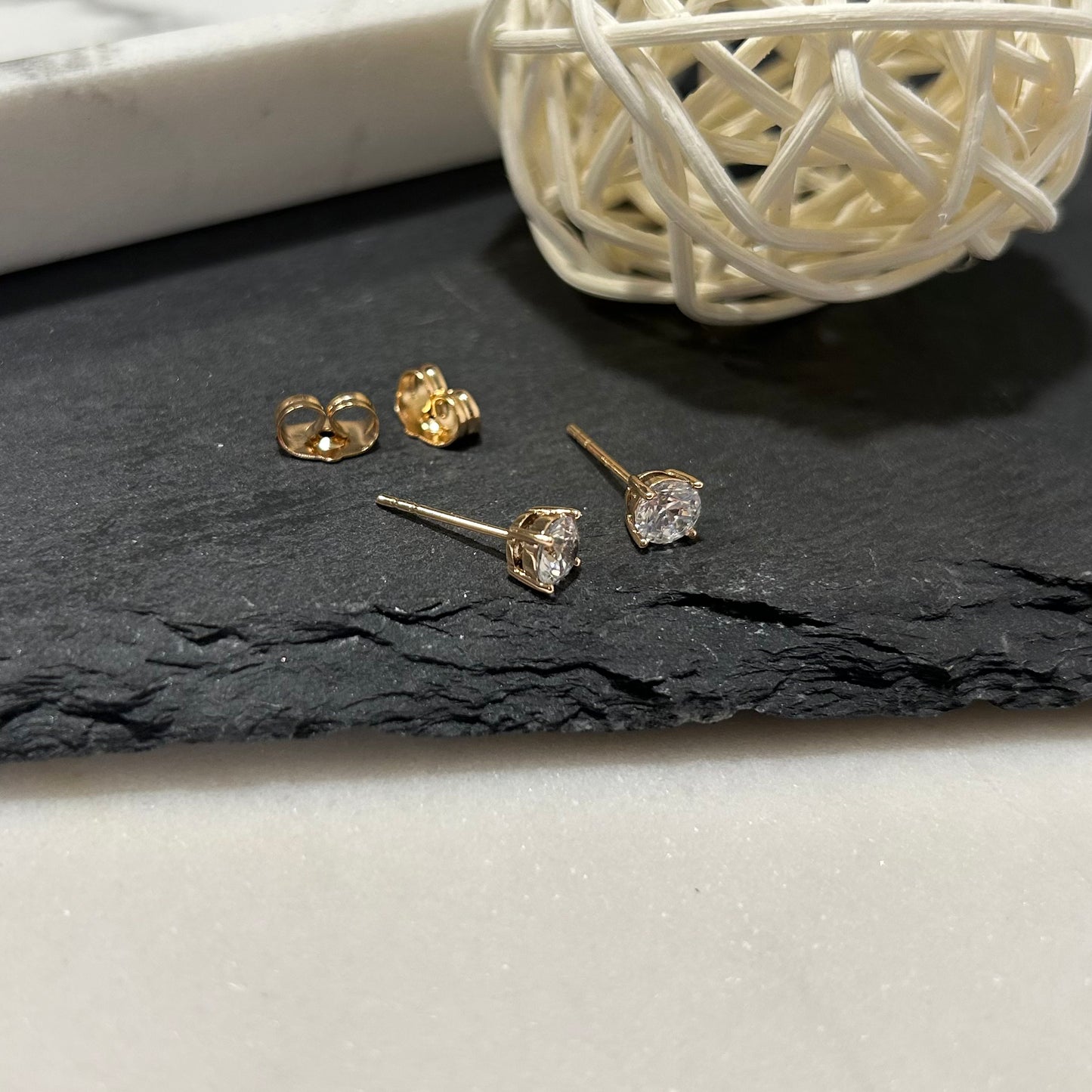 14K Gold Plated Cubic Zirconia Stud Earrings - Classic Solitaire Design